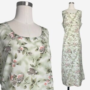 Vintage 90s Michael Taylor green floral tank midi dress belted cottagecore L/XL